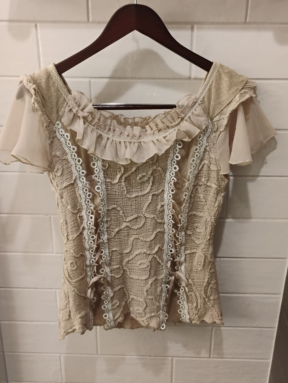 Vintage 2000s Pretty Angel Women's Faux Lace Up Ruffle Top Sz L